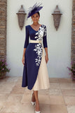 Navy V-Neck A-Line Midi Mother of the Bride Dress with Appliques