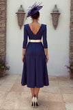 Navy V-Neck A-Line Midi Mother of the Bride Dress with Appliques