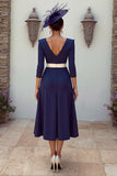 Navy V-Neck A-Line Midi Mother of the Bride Dress with Appliques