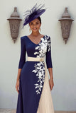 Navy V-Neck A-Line Midi Mother of the Bride Dress with Appliques