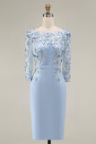 Light Blue Bateau Neck Bodycon Appliqued Midi Mother of the Bride Dress with 3/4 Sleeves