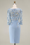 Light Blue Bateau Neck Bodycon Appliqued Midi Mother of the Bride Dress with 3/4 Sleeves