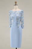 Light Blue Bateau Neck Bodycon Appliqued Midi Mother of the Bride Dress with 3/4 Sleeves