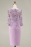 Light Blue Bateau Neck Bodycon Appliqued Midi Mother of the Bride Dress with 3/4 Sleeves