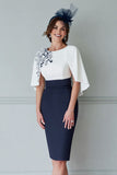 White Navy Sheath Scoop Neck Short Mother of the Bride Dress with Cape