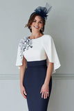 White Navy Sheath Scoop Neck Short Mother of the Bride Dress with Cape