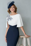 White Navy Short Bateau Neck Sheath Mother of the Bride Dress with Cape