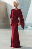 Burgundy Mermaid Round Neck Long Mother of the Bride Dress with Back Slit