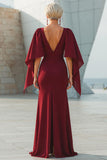 Burgundy Mermaid Round Neck Long Mother of the Bride Dress with Back Slit