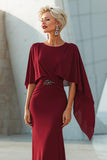 Burgundy Mermaid Round Neck Long Mother of the Bride Dress with Back Slit