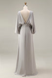 Silver Sheath 3/4 Sleeves Long Mother of the Bride Dress with Pockets