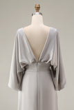 Silver Sheath 3/4 Sleeves Long Mother of the Bride Dress with Pockets