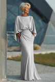 Silver Sheath 3/4 Sleeves Long Mother of the Bride Dress with Pockets