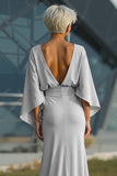 Silver Sheath 3/4 Sleeves Long Mother of the Bride Dress with Pockets