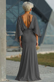 Silver Sheath 3/4 Sleeves Long Mother of the Bride Dress with Pockets