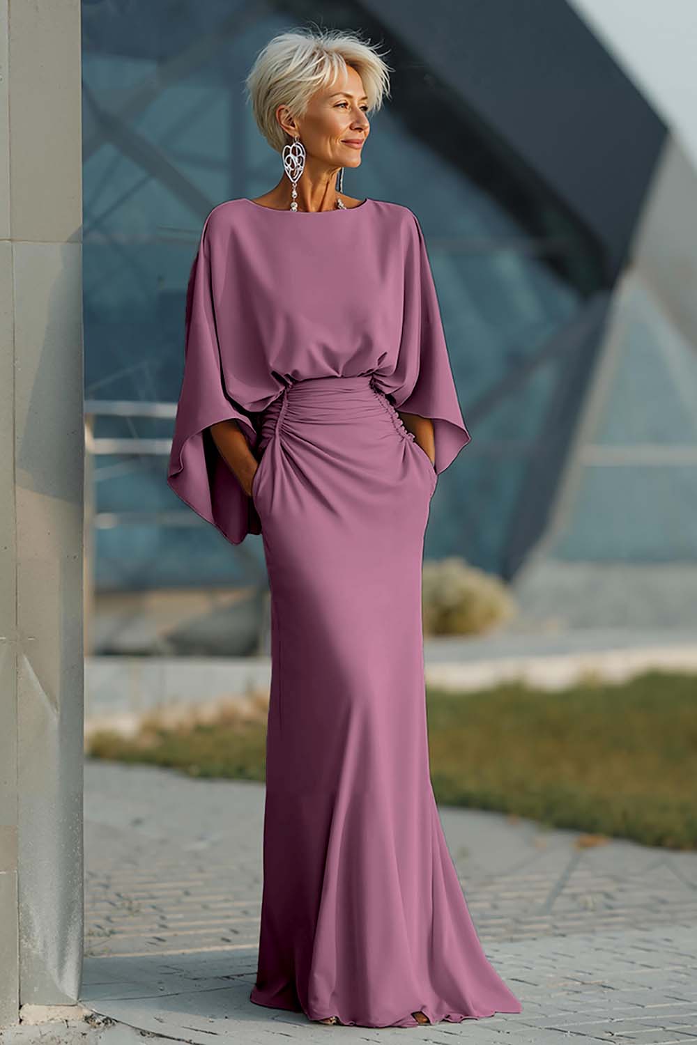 Silver Sheath 3/4 Sleeves Long Mother of the Bride Dress with Pockets