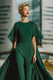 Dark Green Round Neck Long Mother of the Bride Jumpsuits with Pockets