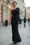 Black One Shoulder Mermaid Long Mother of the Bride Dress with Lace