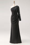 Black One Shoulder Mermaid Long Mother of the Bride Dress with Lace