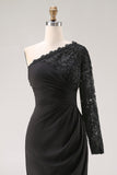 Black One Shoulder Mermaid Long Mother of the Bride Dress with Lace