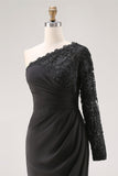 Black One Shoulder Mermaid Long Mother of the Bride Dress with Lace