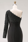 Black One Shoulder Mermaid Long Mother of the Bride Dress with Lace