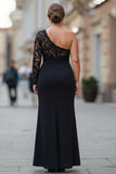 Black One Shoulder Mermaid Plus Size Mother Of The Bride Dress with Lace