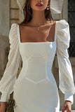 Ivory Corset Bodycon Square Neck Short Graduation Dress with Sleeves