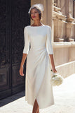 Ivory Sheath Satin Bateau Neck Long Engagement Dress with Sleeves