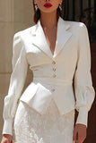 Ivory 2 Piece Notched Lapel Long Sleeves Midi Engagement Dress