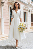 Ivory V-Neck A Line Tea Length Engagement Dress with Lace