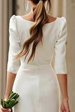 Ivory Bodycon Square Neck Tea Length Engagement Dress with Slit