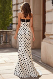 Strapless White Black Mermaid Polka Dots Long Prom Dress