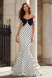 Off the Shoulder White Black Mermaid Polka Dots Long Prom Dress with Bow