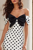 Off the Shoulder White Black Mermaid Polka Dots Long Prom Dress with Bow