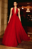 A Line Halter Tulle Open Back Long Red Carpet Dress