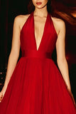 A Line Halter Tulle Open Back Long Red Carpet Dress