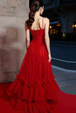 A Line Ruched Spaghetti Straps Long Red Carpet Dress with Ruffles