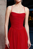A Line Ruched Spaghetti Straps Long Red Carpet Dress with Ruffles