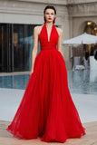 A Line Halter Pleated Tulle Backless Long Red Carpet Dress