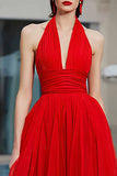 A Line Halter Pleated Tulle Backless Long Red Carpet Dress