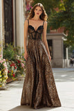 Brown Leopard Corset A Line Long Prom Dress