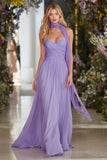 Lilac A Line Ruched Long Prom Dress with Streamer