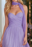 Lilac A Line Ruched Long Prom Dress with Streamer