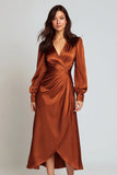 Rust Satin A Line V-Neck Midi Formal Dress