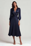 Navy Satin V Neck Ruched Long Sleeves Formal Dress