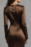 Coffee Sheath Satin Ruched Long Sleeves Formal Dress