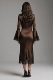 Coffee Satin Sheath Long Sleeves Formal Dress with Lace