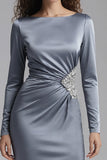 Dusty Blue Satin Sheath Long Sleeves Formal Dress with Rhinestones