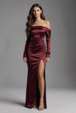 Burgundy Sheath Off the Shoulder Satin Long Formal Dress with Slit
